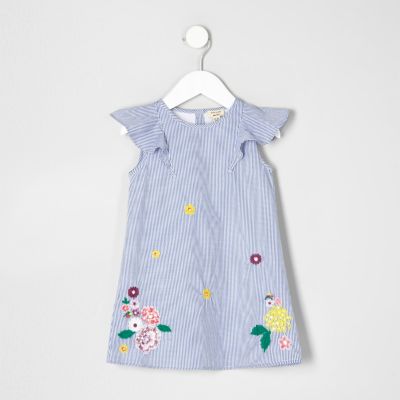 Mini girls blue stripe floral ruffle dress